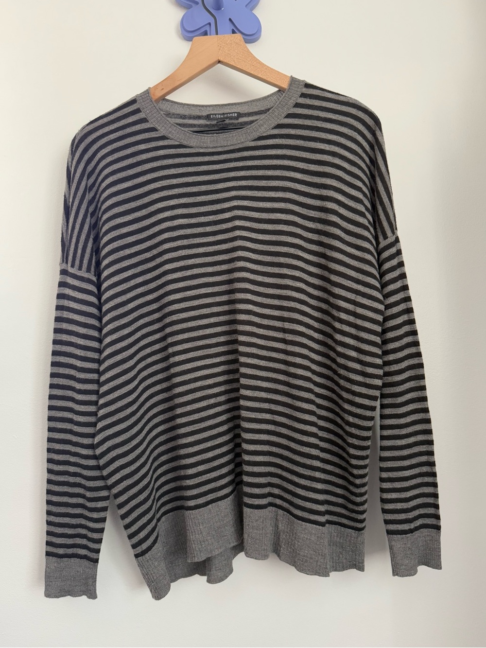 Eileen Fisher Medium Merino Wool Sweater Stripe Grey Black Grumge Oversized
